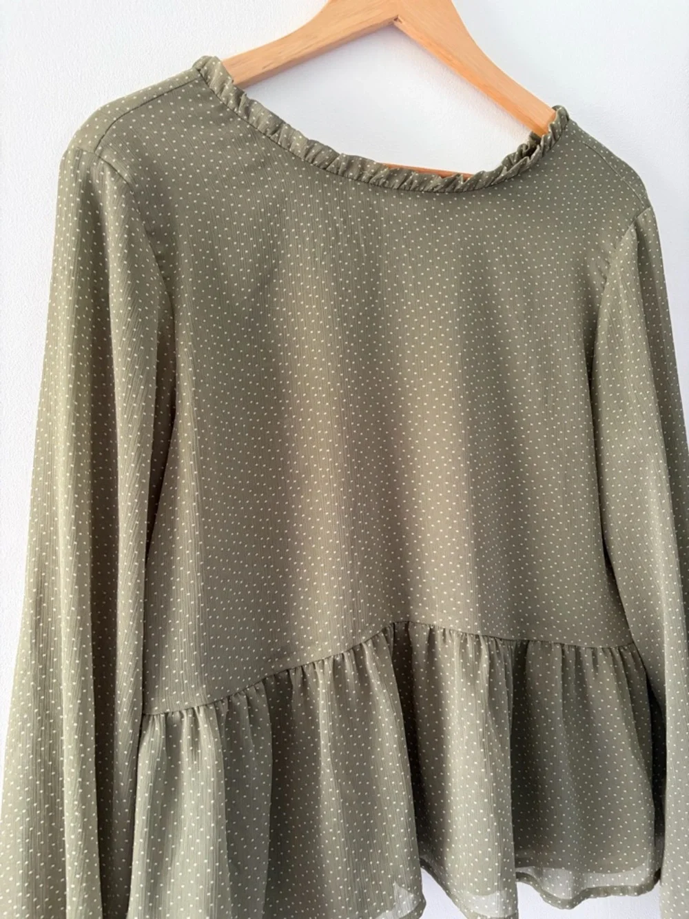 Ann Taylor LOFT Olive Green Ruffled Peplum Long Sleeve Polka Dot Blouse Dot